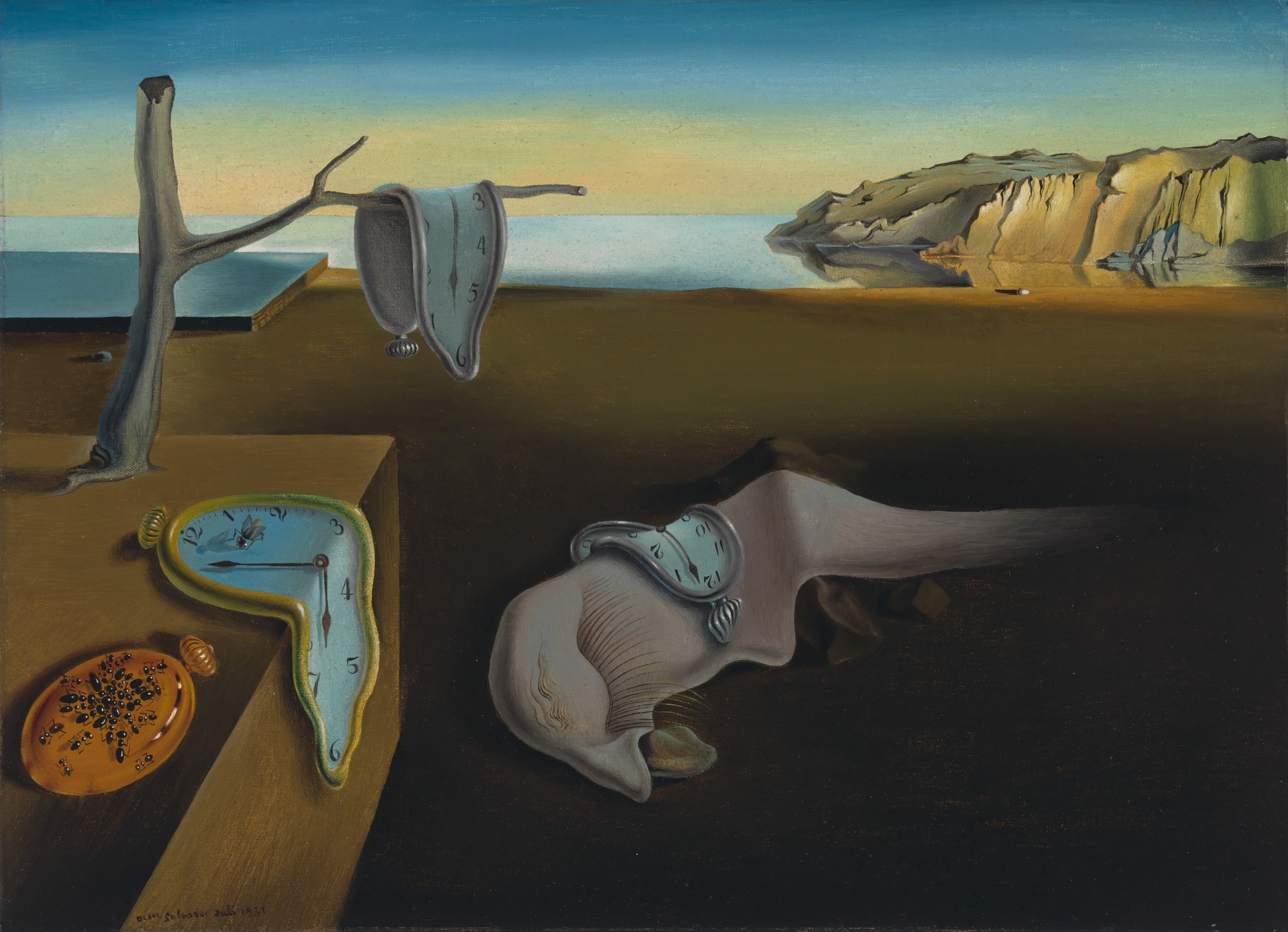 Dali surrealist painting Persistence of Memory with pictures of melting / warped clocks